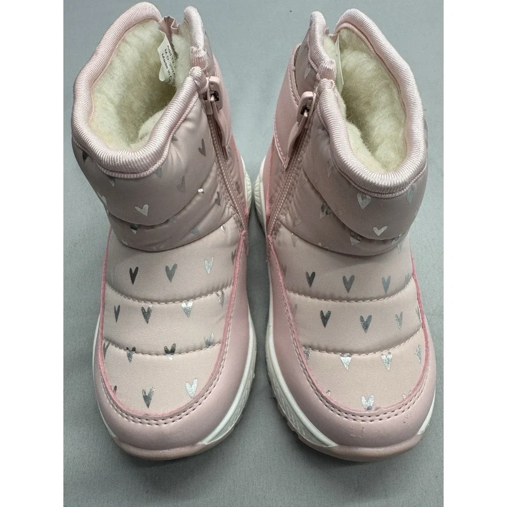 PATPAT Toddler Girls' Pink Winter Snow Boots Size 24 Month Silver Heart